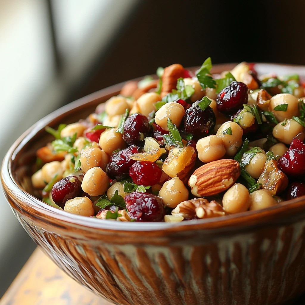 A vibrant salad with cranberries, nuts, and garbanzo beans, served in a bowl with fresh greens