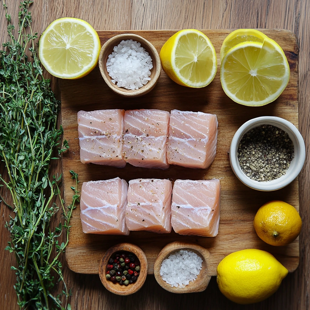 Grilled swordfish steak with lemon, garlic, and olive oil on a plate