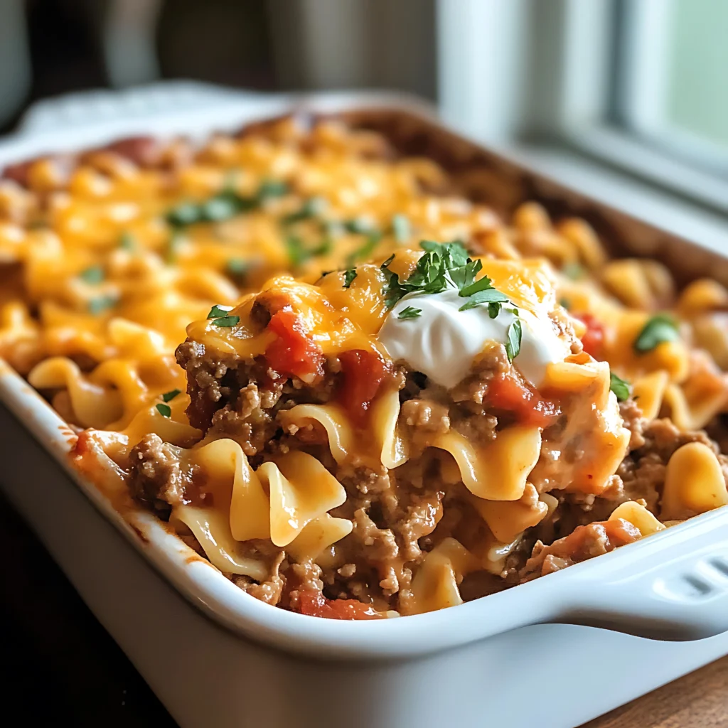 Delicious Taco Lasagna with layers of seasoned beef, melted cheese, and crispy tortillas, topped with fresh cilantro and a dollop of sour cream