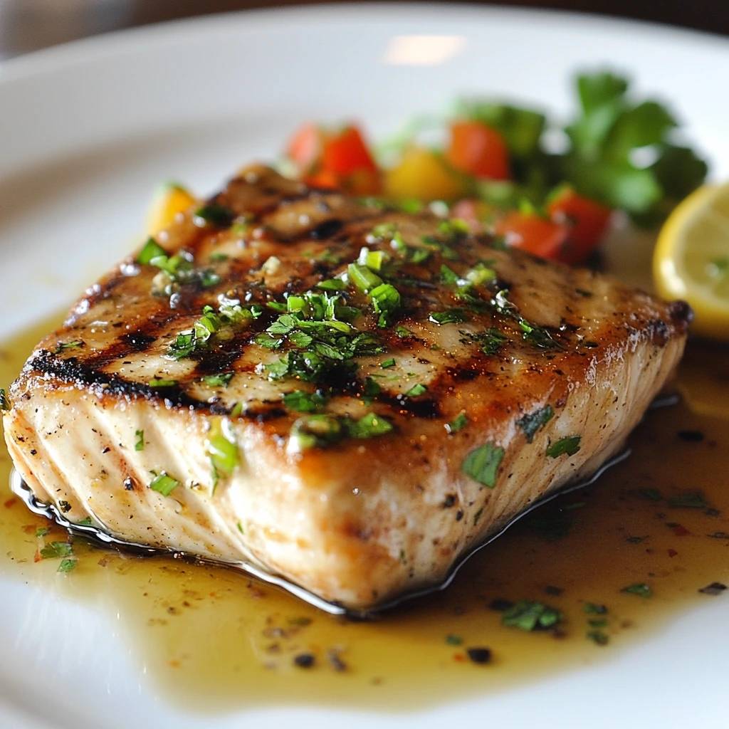 Grilled swordfish steak with lemon, garlic, and olive oil on a plate