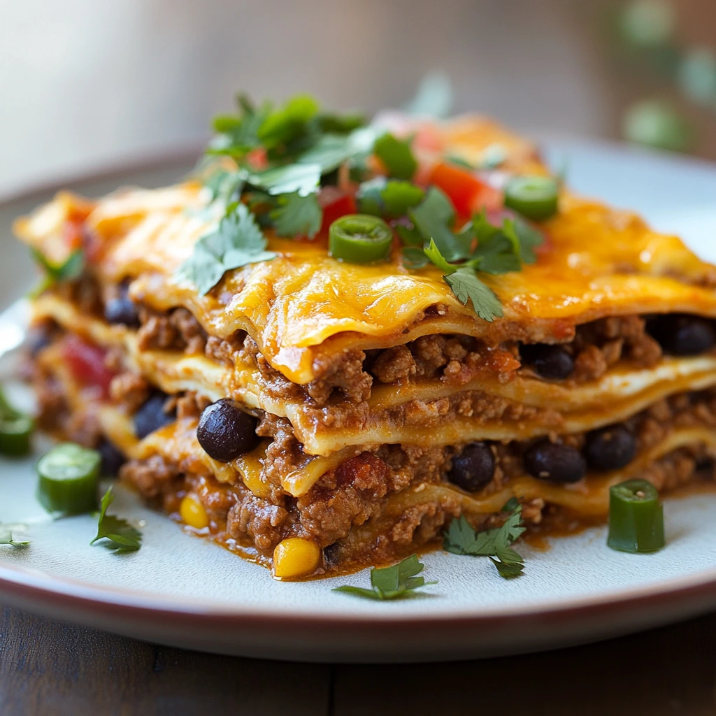 Delicious Taco Lasagna with layers of seasoned beef, melted cheese, and crispy tortillas, topped with fresh cilantro and a dollop of sour cream