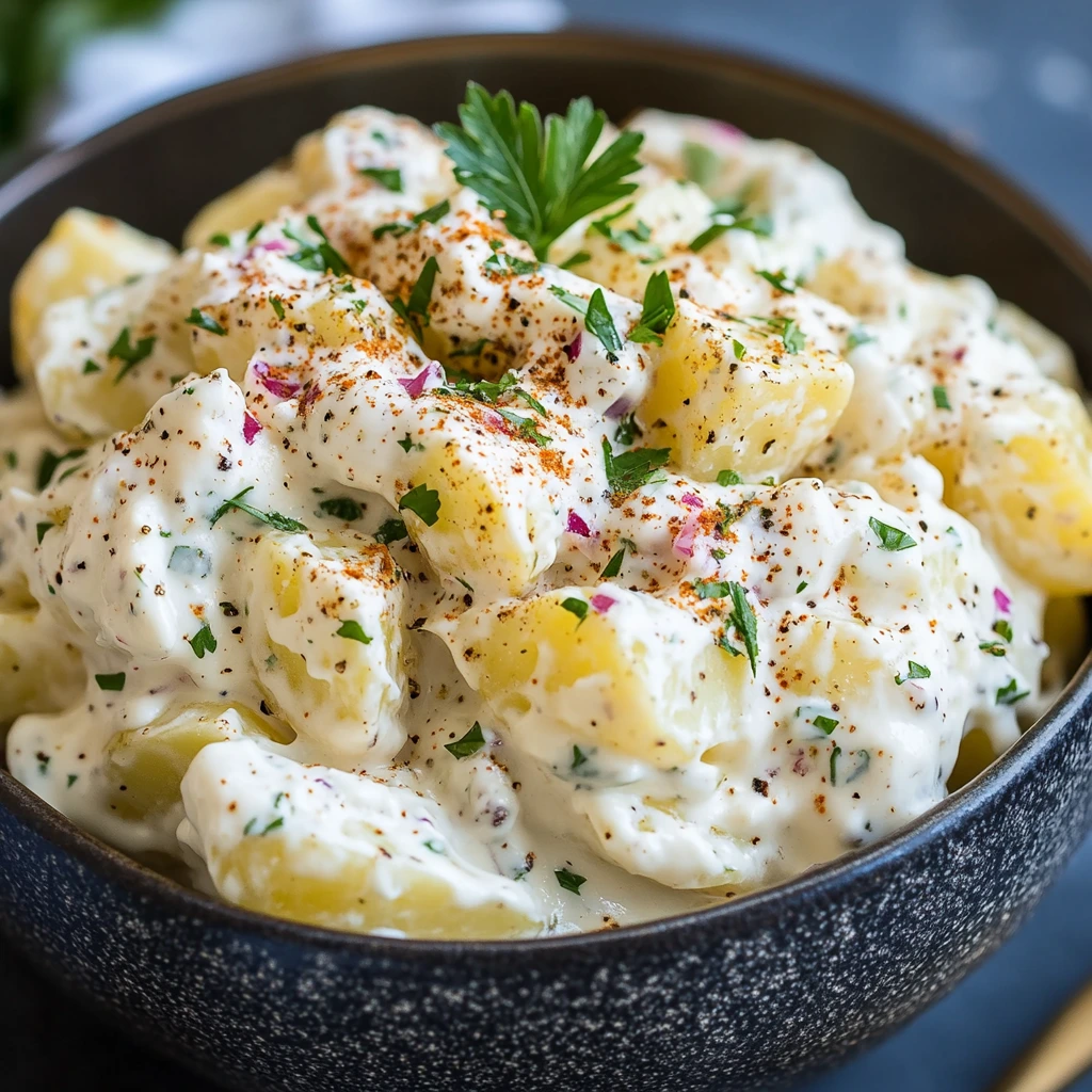 Creamy potato salad made with Hellmann’s Mayo, garnished with fresh herbs.