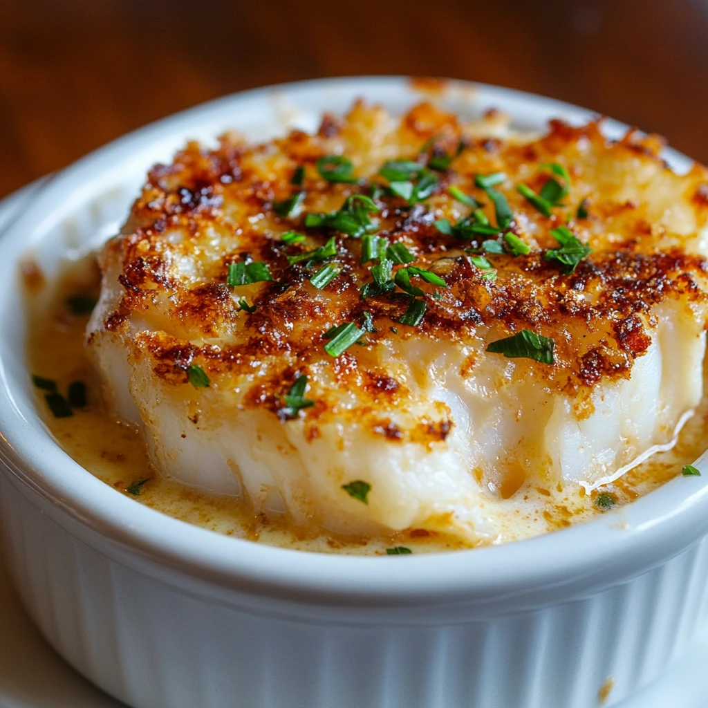 Close-up of a luxurious Crab Brûlée with a golden caramelized sugar top and delicate crab meat inside, garnished with herbs
