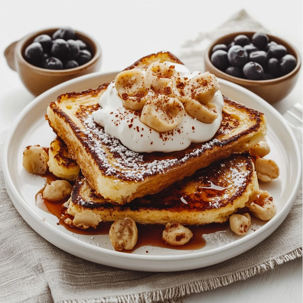 Fluffy French toast slices on a white plate, topped with fresh berries and a drizzle of maple syrup, seasoned with McCormick vanilla and cinnamon.