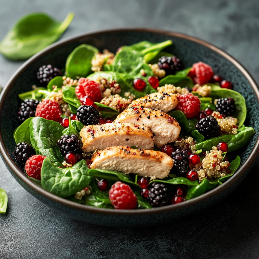 Spinach salad with quinoa, grilled chicken, strawberries, and blueberries in a white bowl.