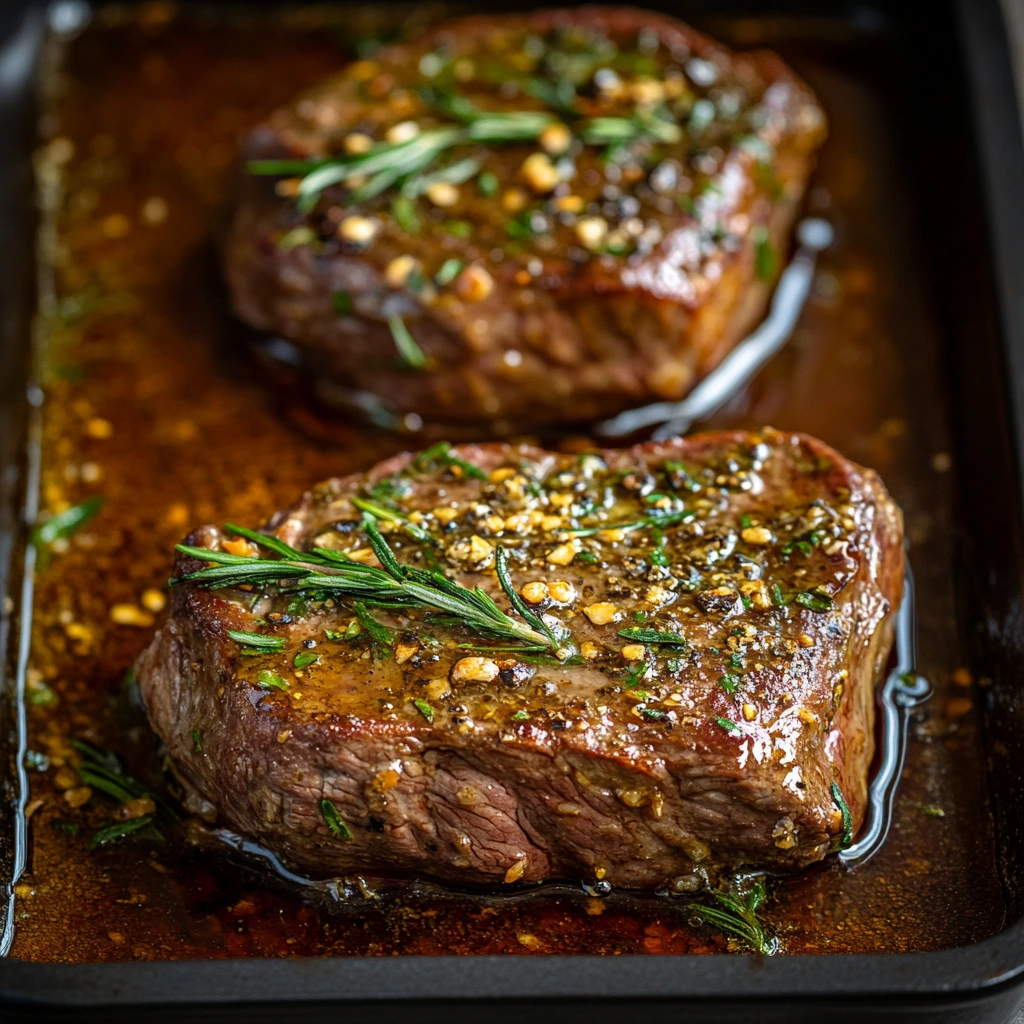 Juicy, tender rib eye roast served with roasted vegetables and herbs on a rustic platter