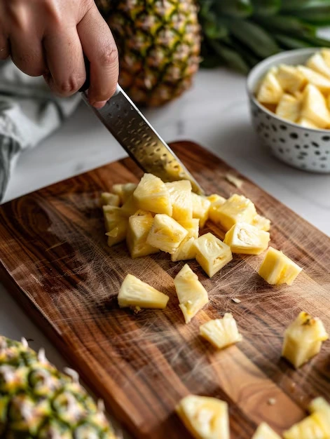 Golden-baked pineapple stuffing in a white casserole dish, made with bread cubes and crushed pineapple