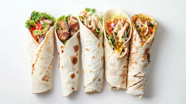 Close-up of a buffalo chicken wrap filled with spicy shredded chicken, lettuce, cheese, and ranch dressing, served with celery sticks and dipping sauce.