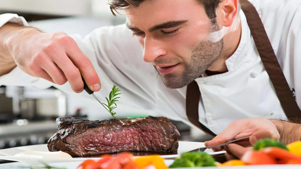 Juicy, tender rib eye roast served with roasted vegetables and herbs on a rustic platter