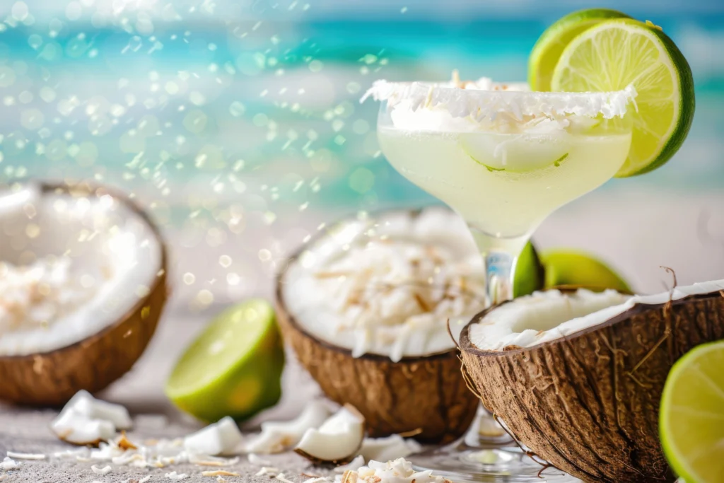 Refreshing Coconut Margarita garnished with lime and toasted coconut rim