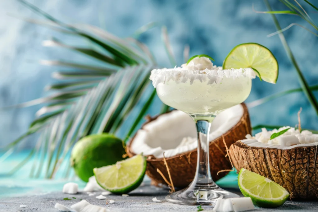 Refreshing Coconut Margarita garnished with lime and toasted coconut rim