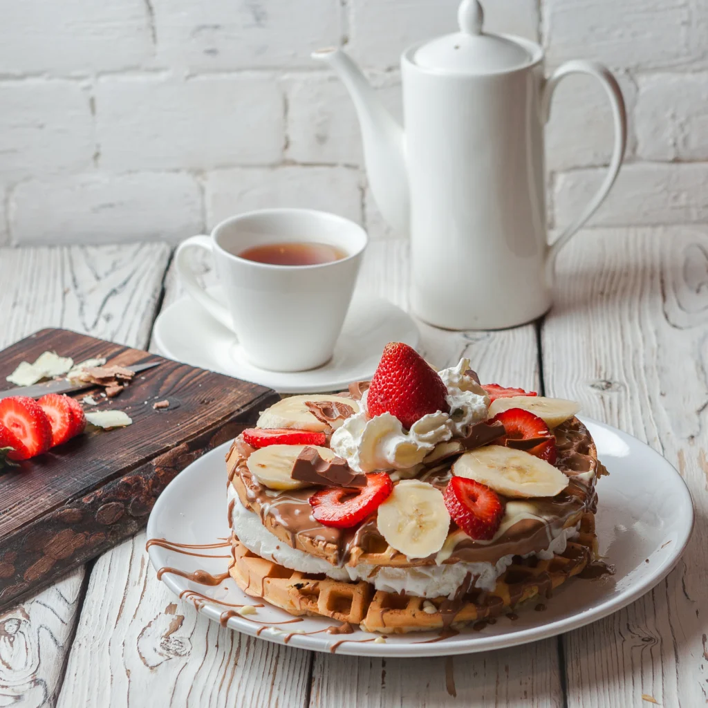Golden brown Krusteaz waffles stacked on a plate with fresh berries and maple syrup