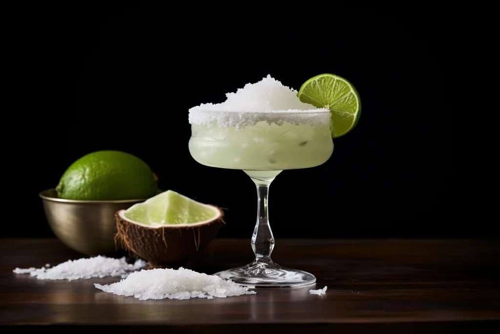 Refreshing Coconut Margarita garnished with lime and toasted coconut rim