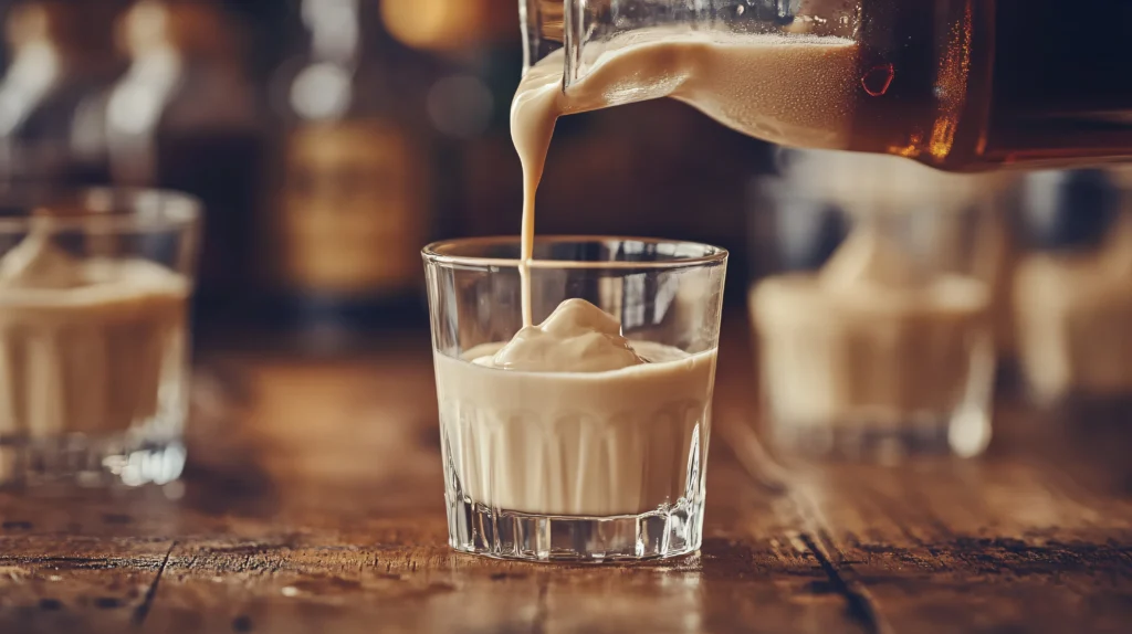 Close-up of a layered Buttery Nipple shot with smooth Baileys and golden butterscotch schnapps in a clear shot glass