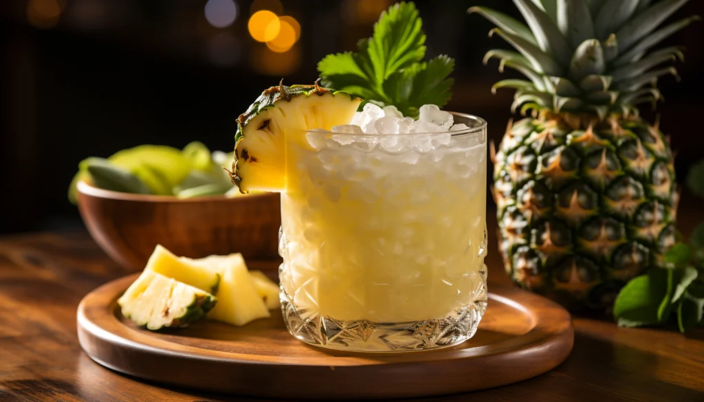 A refreshing pineapple margarita served in a salt-rimmed glass with a lime wedge and pineapple slice garnish