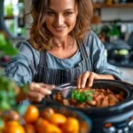 A delicious crock pot meal with ground beef, vegetables, and spices simmering inside.
