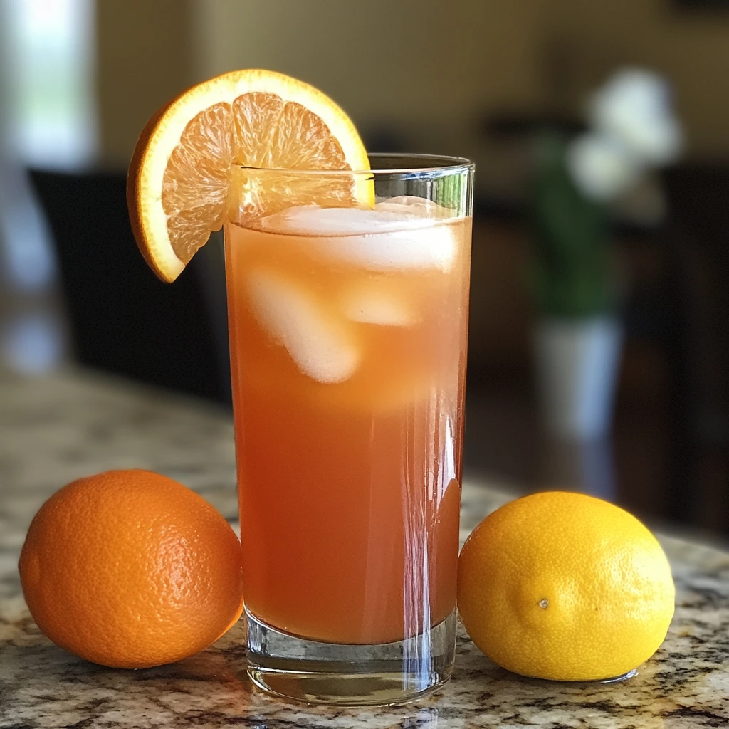 Adrenal cocktail ingredients including orange juice, coconut water, and sea salt on a kitchen counter
