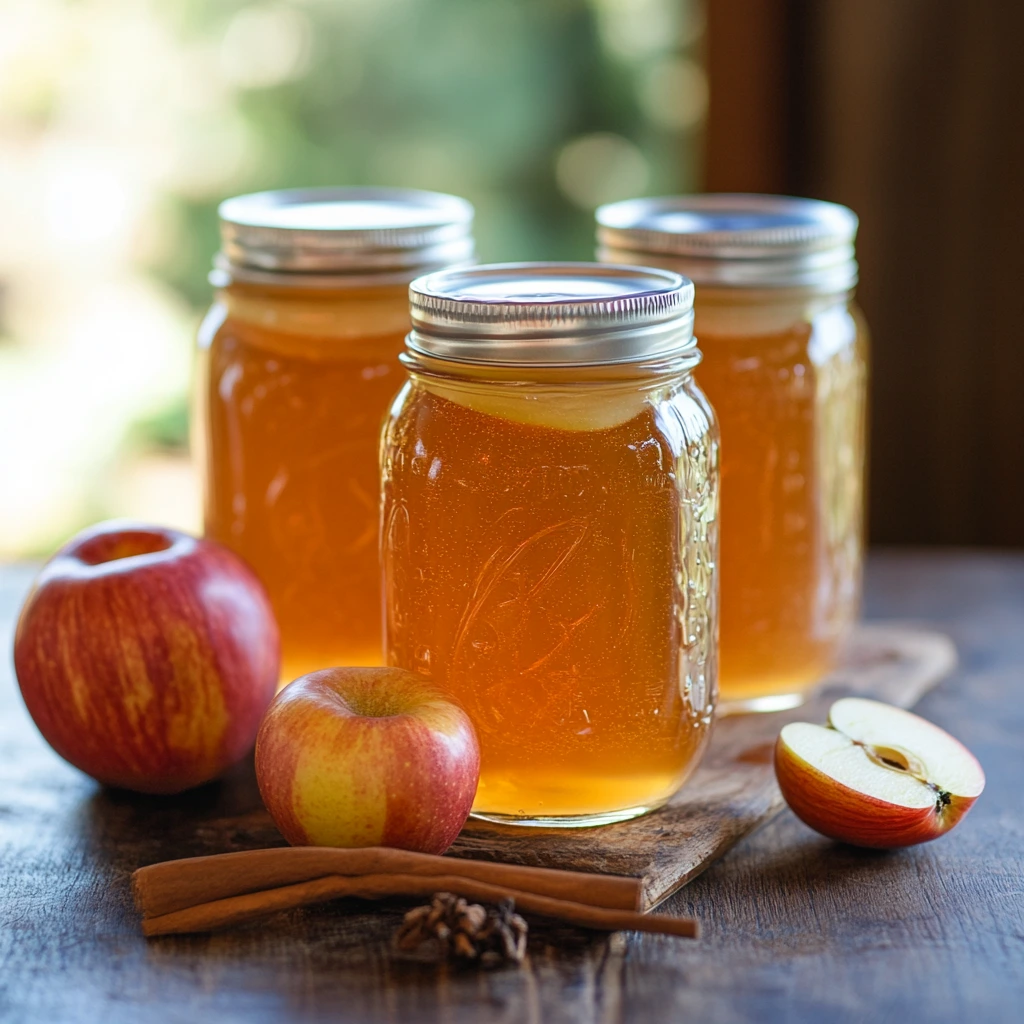 Homemade apple pie moonshine in mason jars garnished with cinnamon sticks and apple slices on a rustic wooden table.