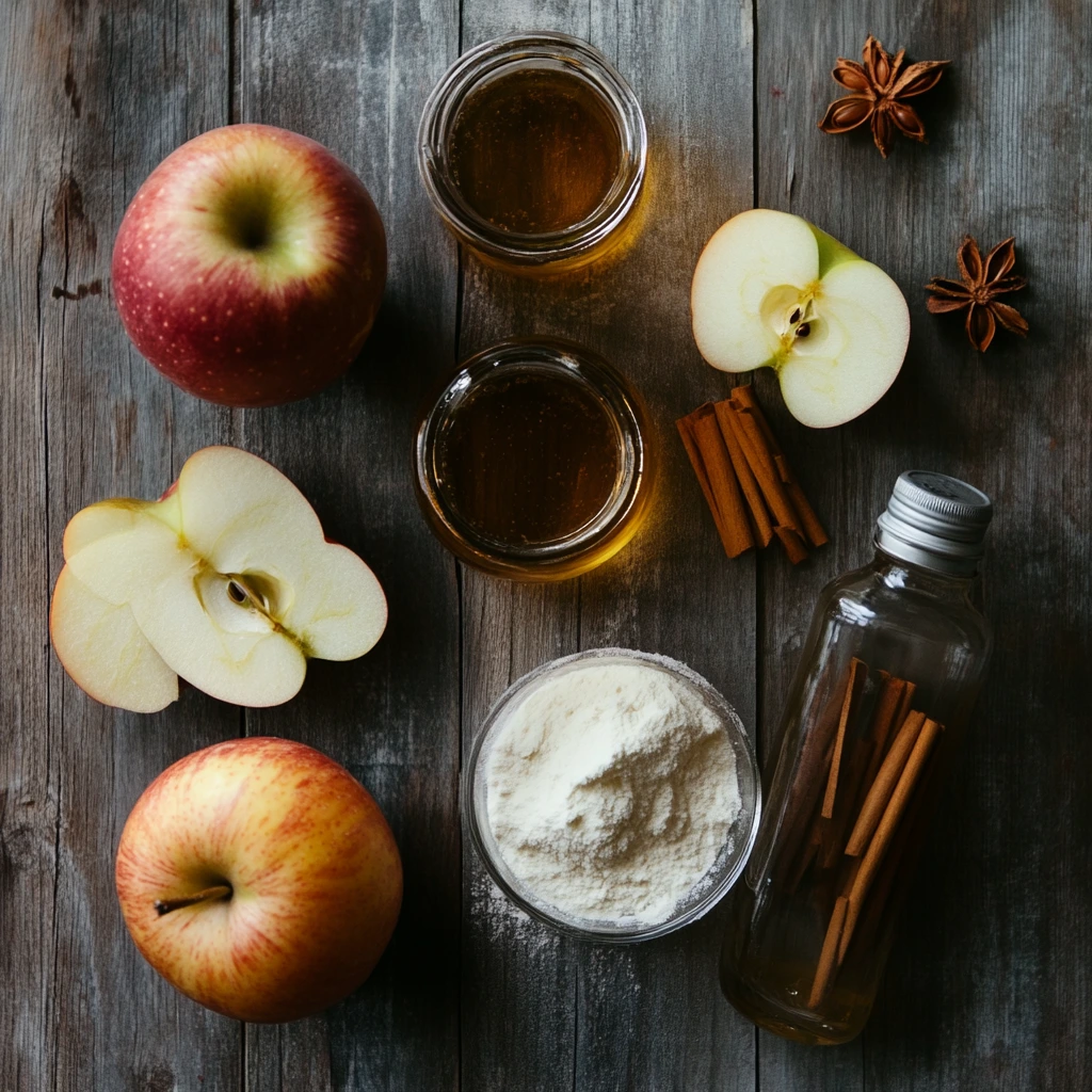Homemade apple pie moonshine in mason jars garnished with cinnamon sticks and apple slices on a rustic wooden table.