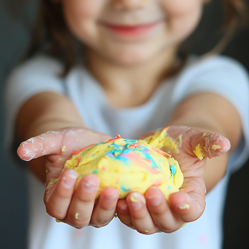 Colorful homemade playdough balls made without cream of tartar, with children's hands playing in the background
