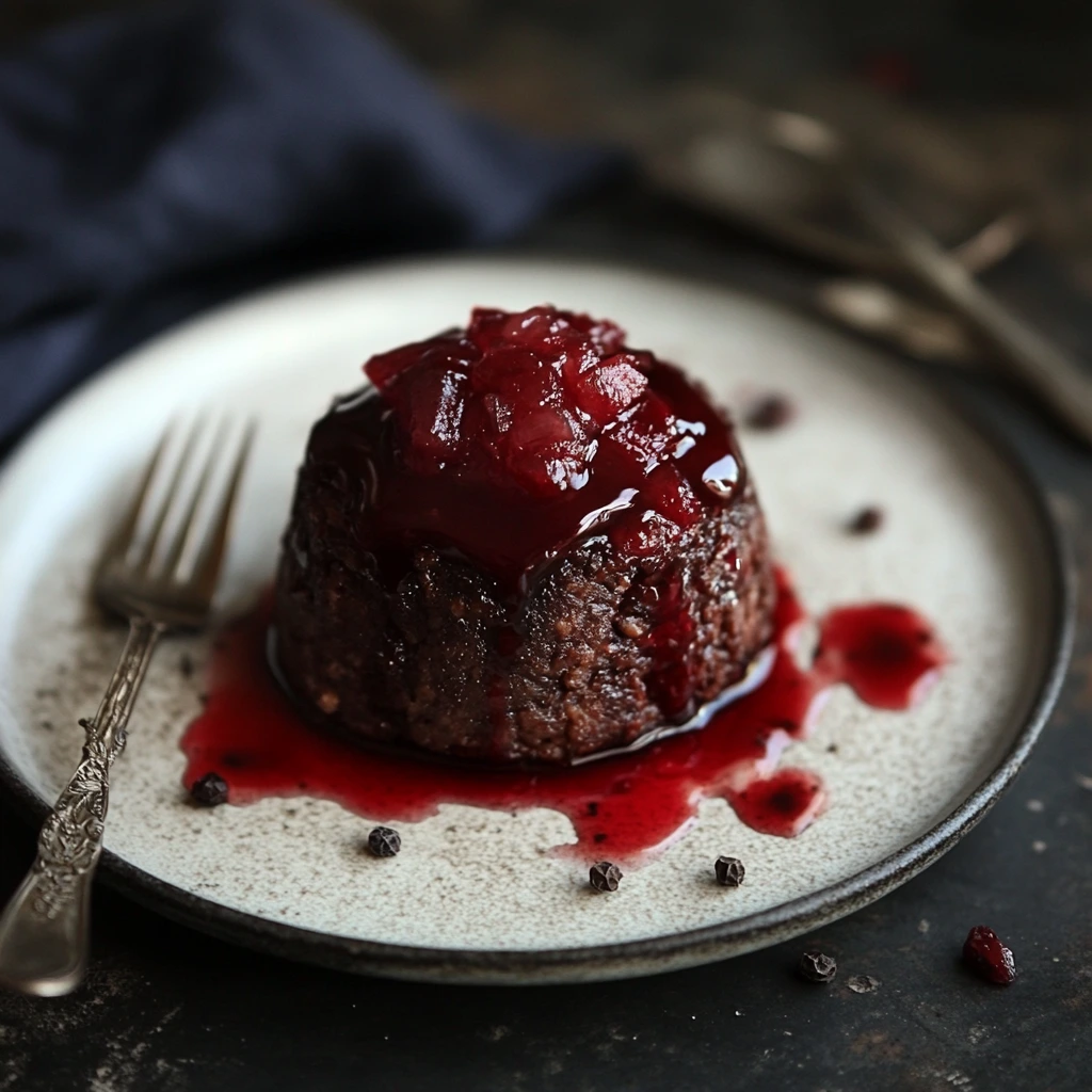 A close-up of sliced traditional blood pudding, pan-fried and served with potatoes and caramelized onions on a rustic wooden plate.