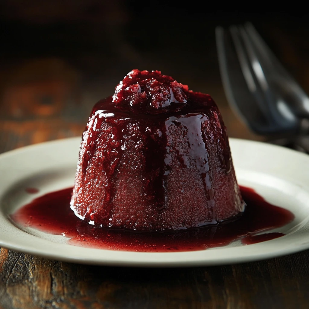 A close-up of sliced traditional blood pudding, pan-fried and served with potatoes and caramelized onions on a rustic wooden plate.