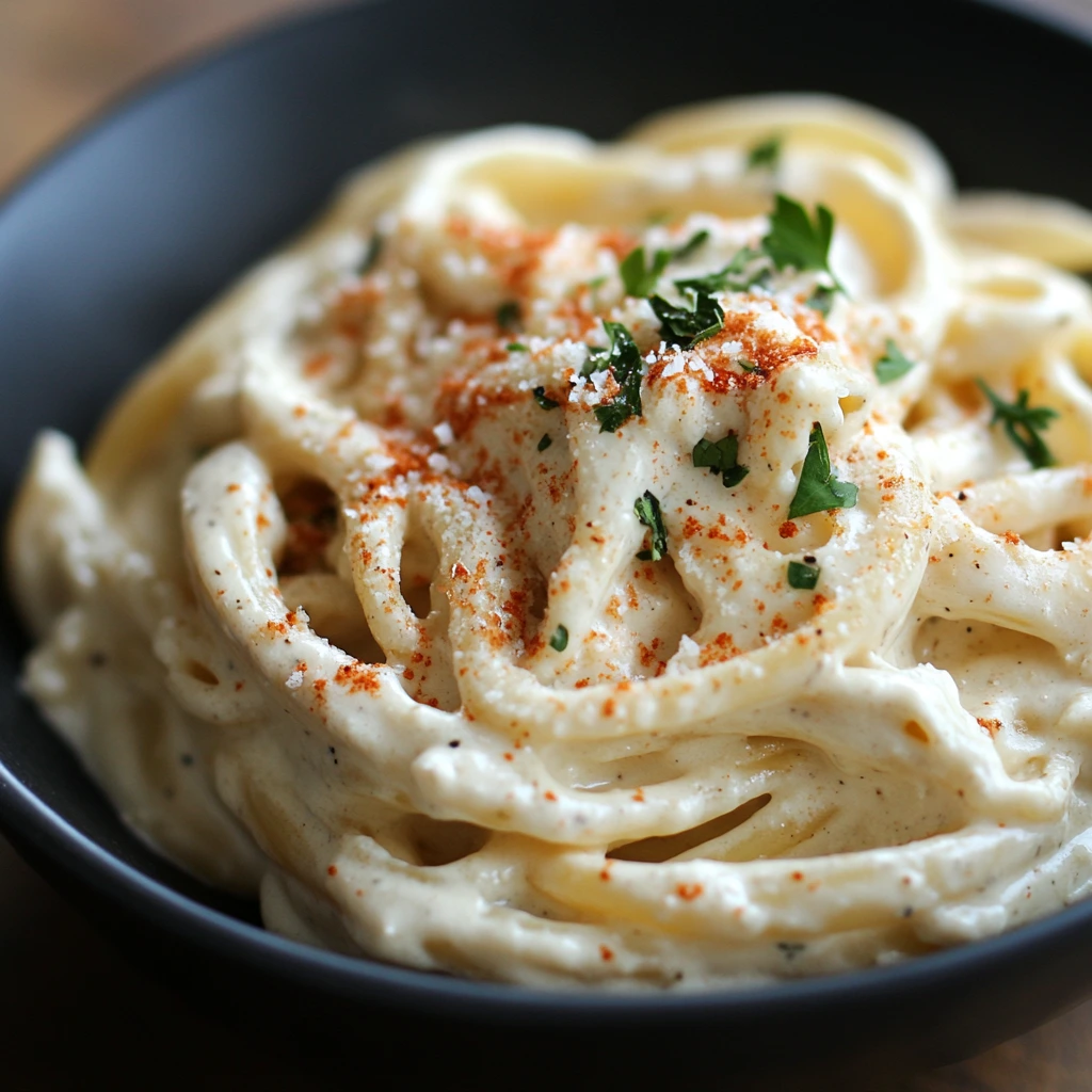 Creamy Boursin cheese pasta topped with herbs and freshly ground black pepper.