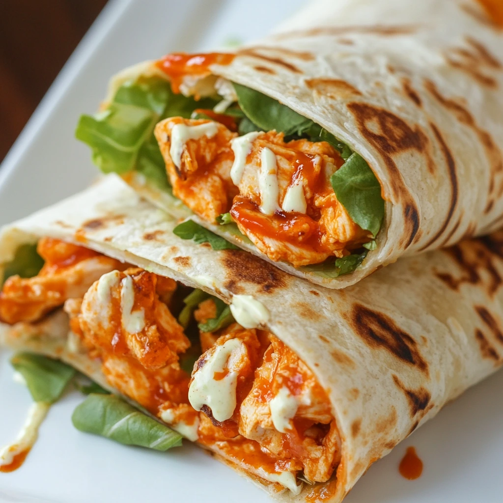 Buffalo Chicken Wraps
Close-up of a buffalo chicken wrap filled with spicy shredded chicken, lettuce, cheese, and ranch dressing, served with celery sticks and dipping sauce.