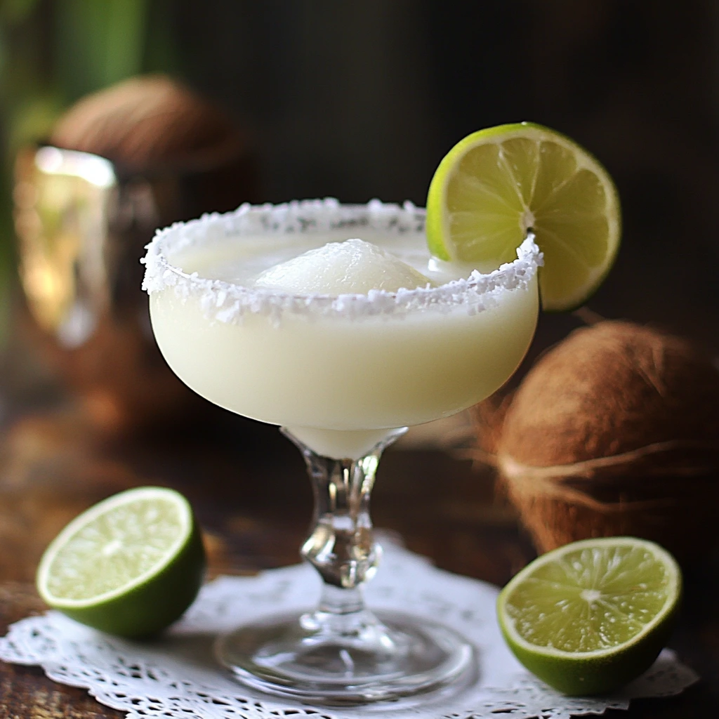Coconut Margarita recipes garnished with lime and toasted coconut rim