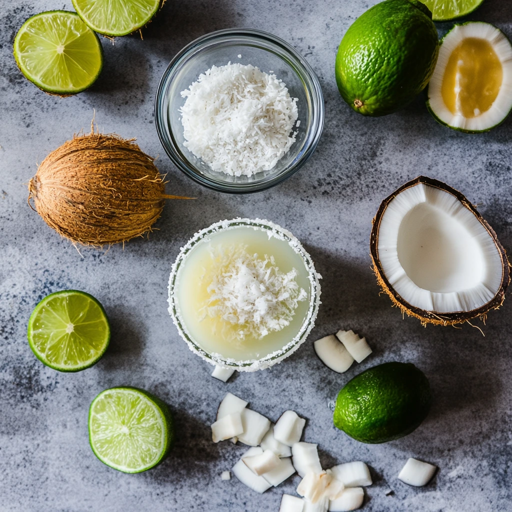 Coconut Margarita recipes garnished with lime and toasted coconut rim