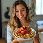 Golden brown Krusteaz waffles stacked on a plate with fresh berries and maple syrup