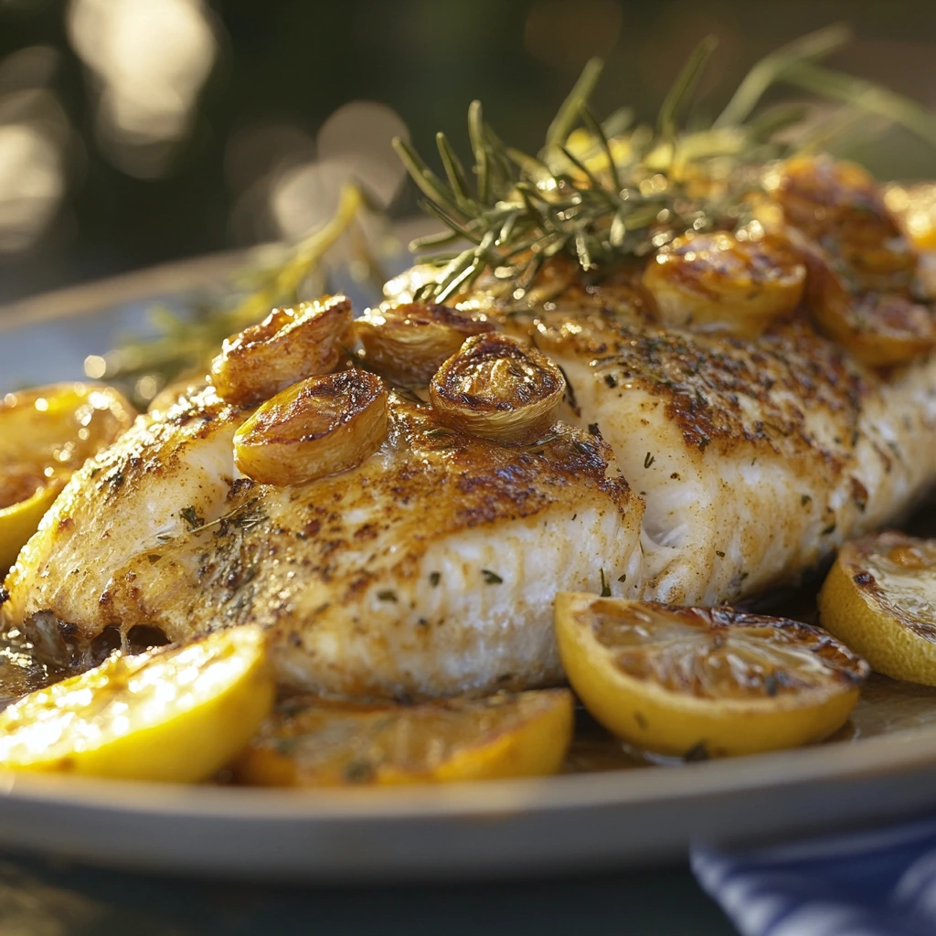 Pan-seared rockfish fillet served with lemon wedges and steamed vegetables on a white plate