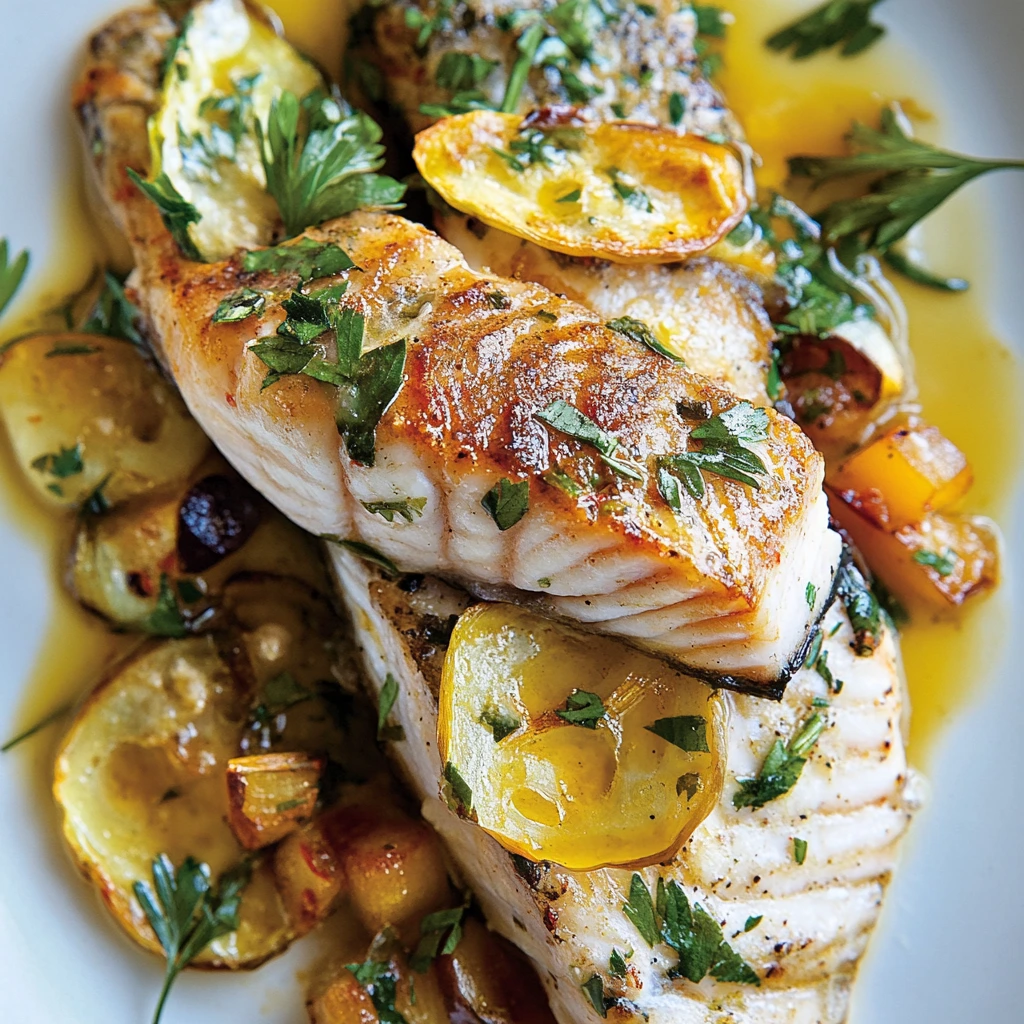 Pan-seared rockfish fillet served with lemon wedges and steamed vegetables on a white plate