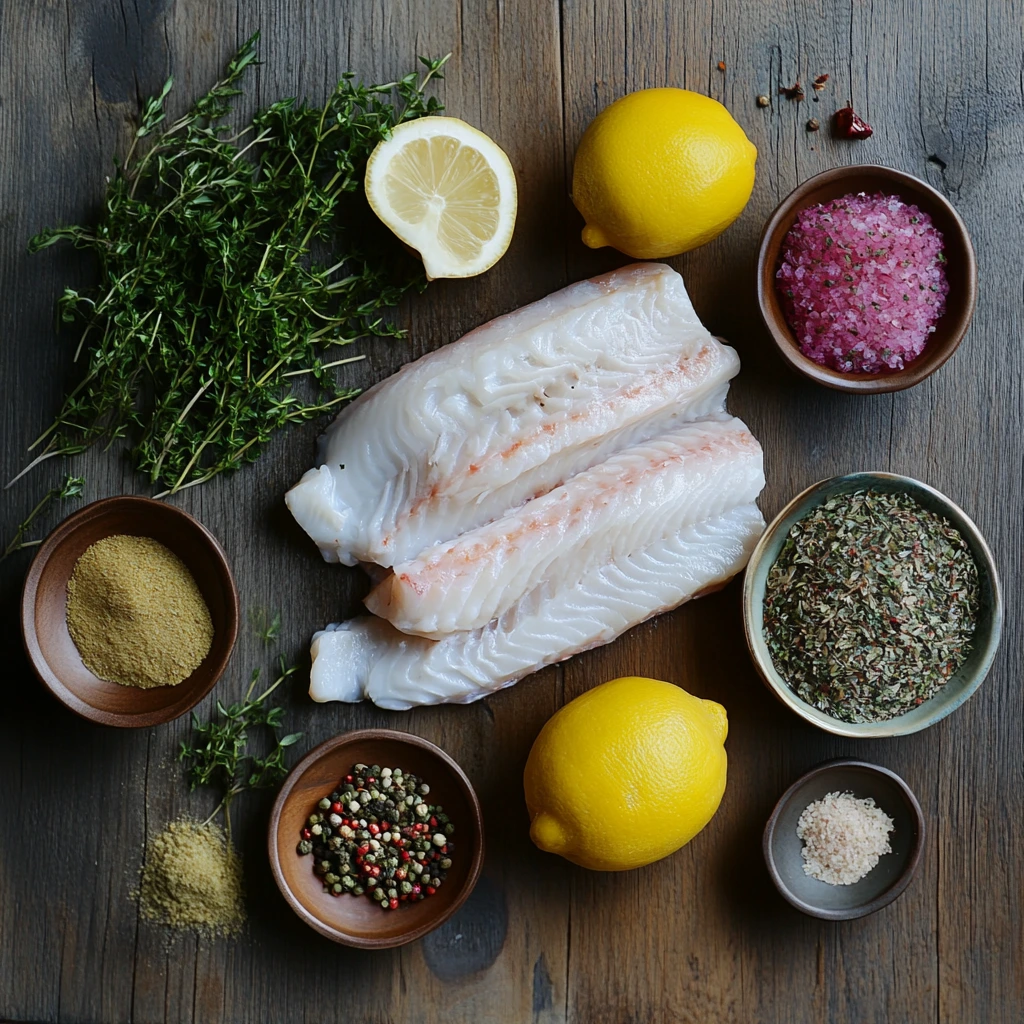 rockfish fillet served with lemon wedges and steamed vegetables on a white plate