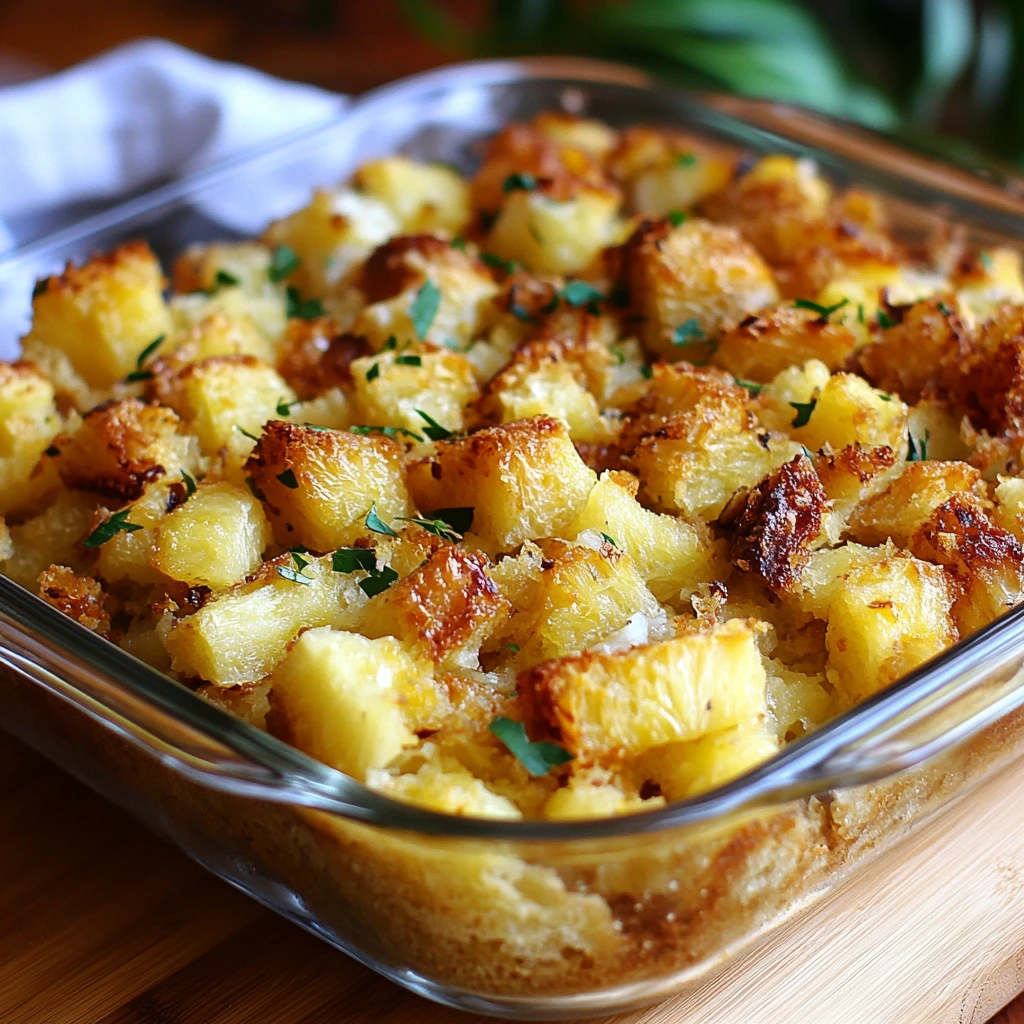Golden-baked pineapple stuffing in a white casserole dish, made with bread cubes and crushed pineapple