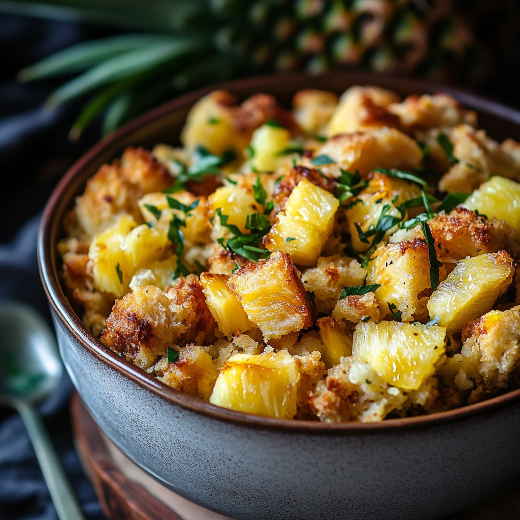 Golden-baked pineapple stuffing in a white casserole dish, made with bread cubes and crushed pineapple
