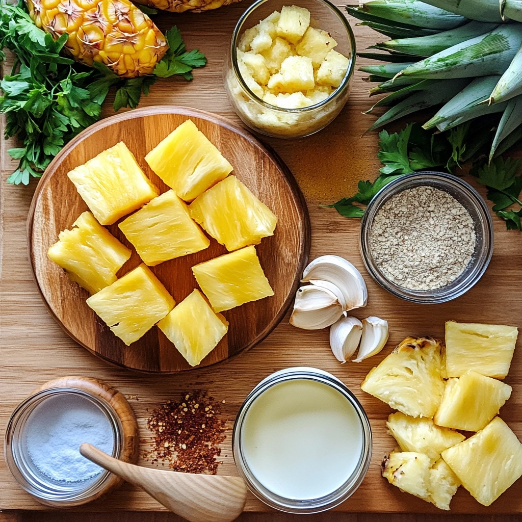 Golden-baked pineapple stuffing in a white casserole dish, made with bread cubes and crushed pineapple