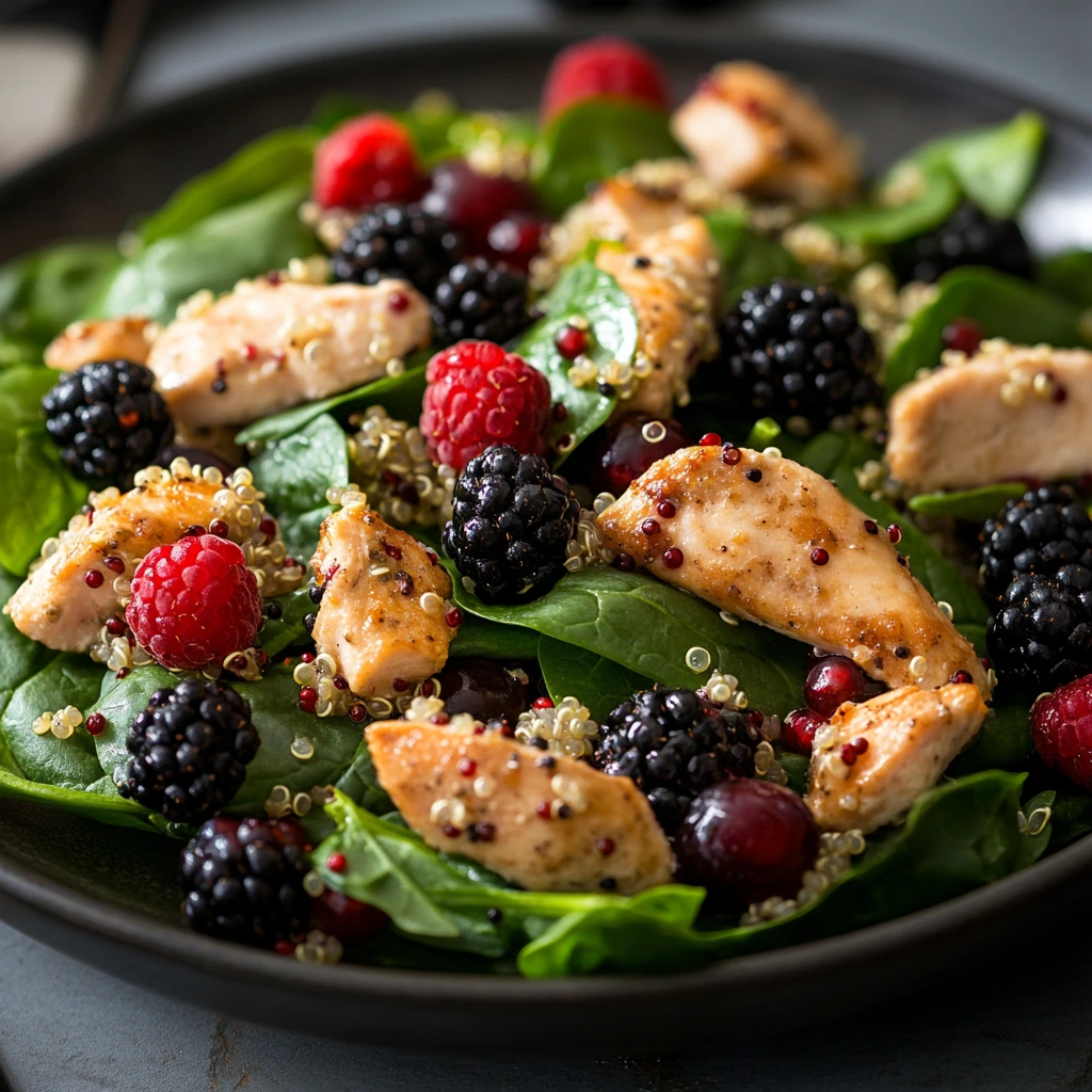 Spinach salad with quinoa, grilled chicken, strawberries, and blueberries in a white bowl.