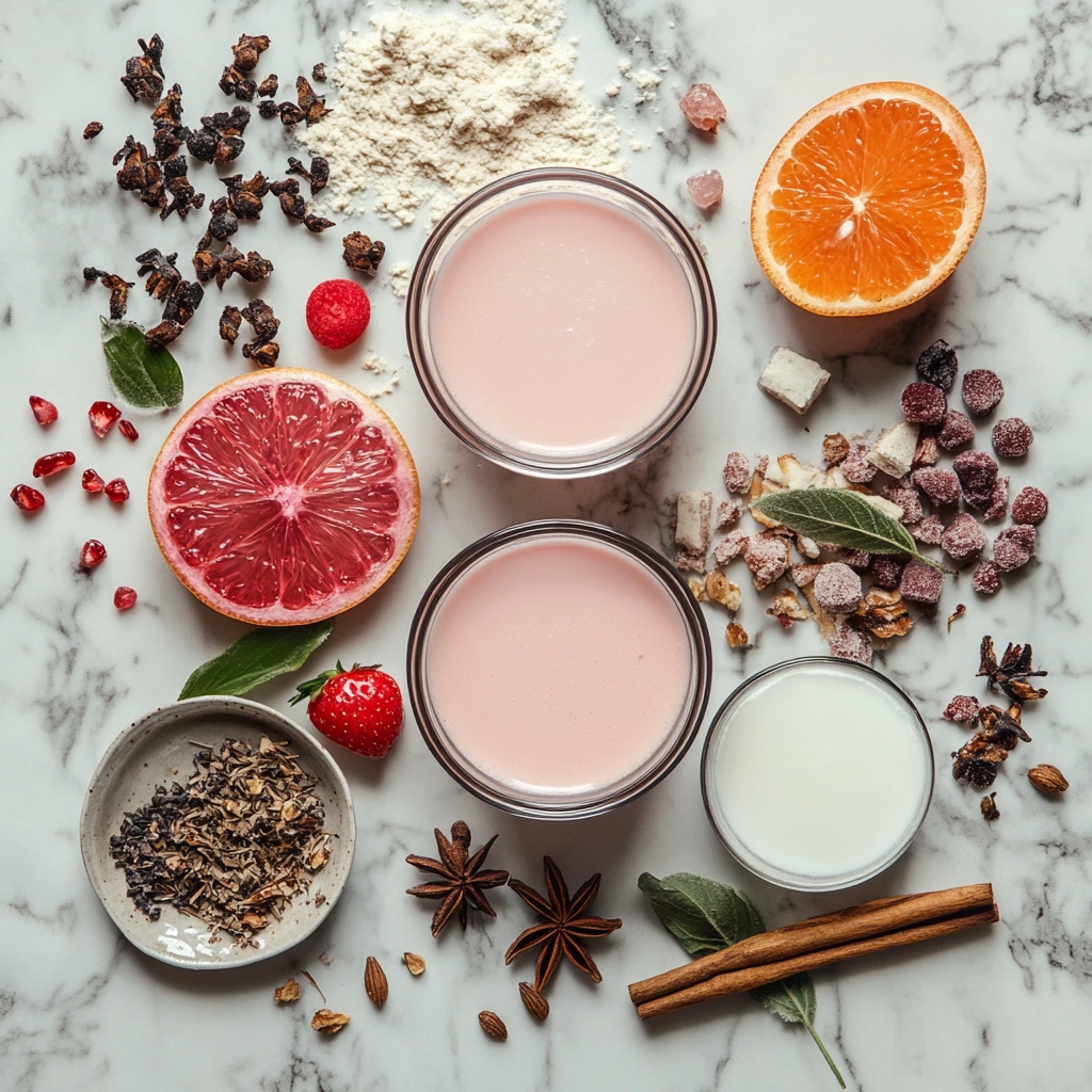 A glass of homemade Starbucks Pink Drink with fresh strawberries, ice, and a pink creamy base, served in a clear cup on a white marble counter.
