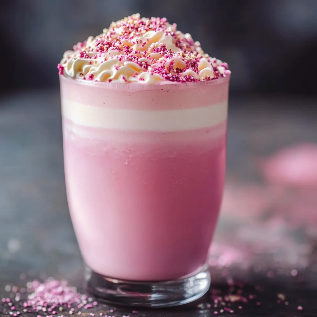 A glass of homemade Starbucks Pink Drink with fresh strawberries, ice, and a pink creamy base, served in a clear cup on a white marble counter.
