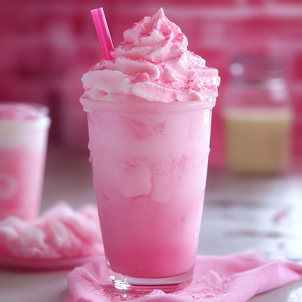 A glass of homemade Starbucks Pink Drink with fresh strawberries, ice, and a pink creamy base, served in a clear cup on a white marble counter.
