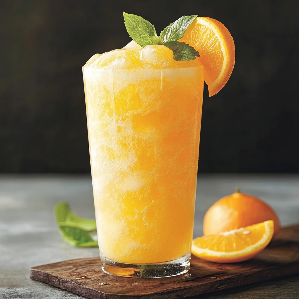 Freshly made Orange Crush cocktail with ice, orange slices, and a straw in a glass on a wooden table.