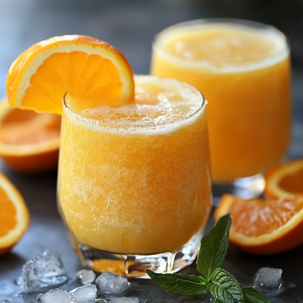Freshly made Orange Crush cocktail with ice, orange slices, and a straw in a glass on a wooden table.