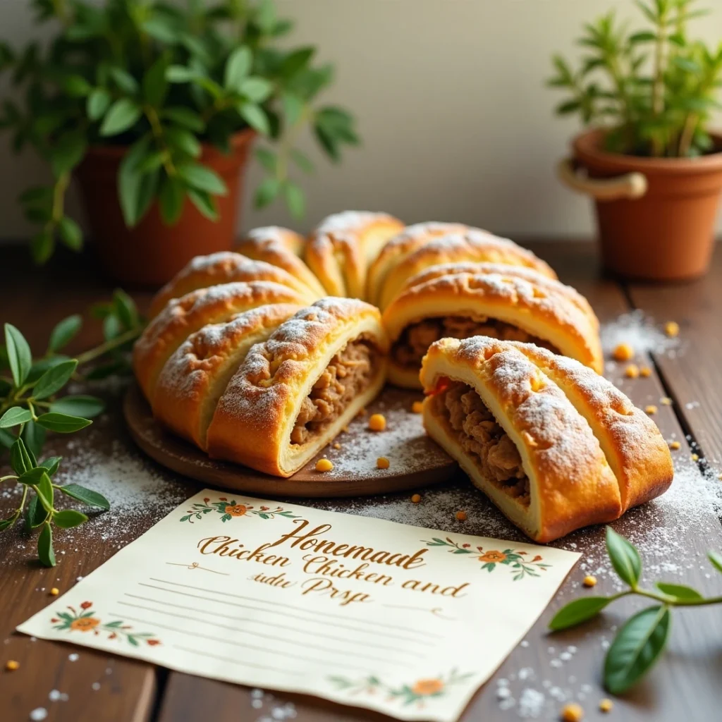 Homemade chicken and pastry dish served in a bowl with thick, flat noodles and tender chicken in a creamy broth
