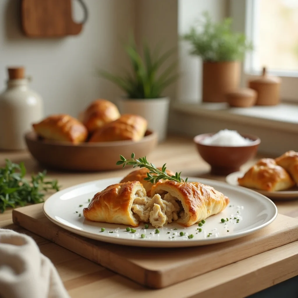 Homemade chicken and pastry dish served in a bowl with thick, flat noodles and tender chicken in a creamy broth