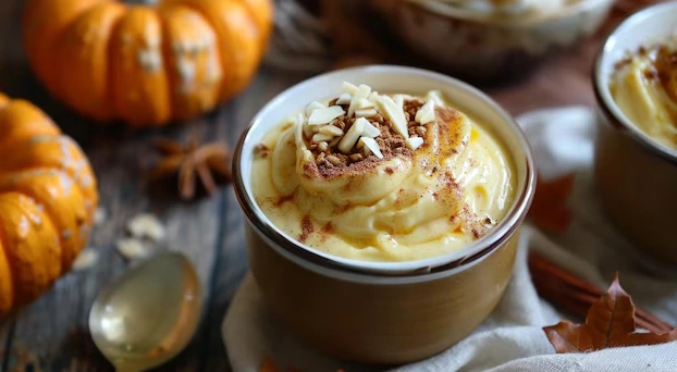 A bowl of creamy pumpkin fluff topped with whipped cream and cinnamon