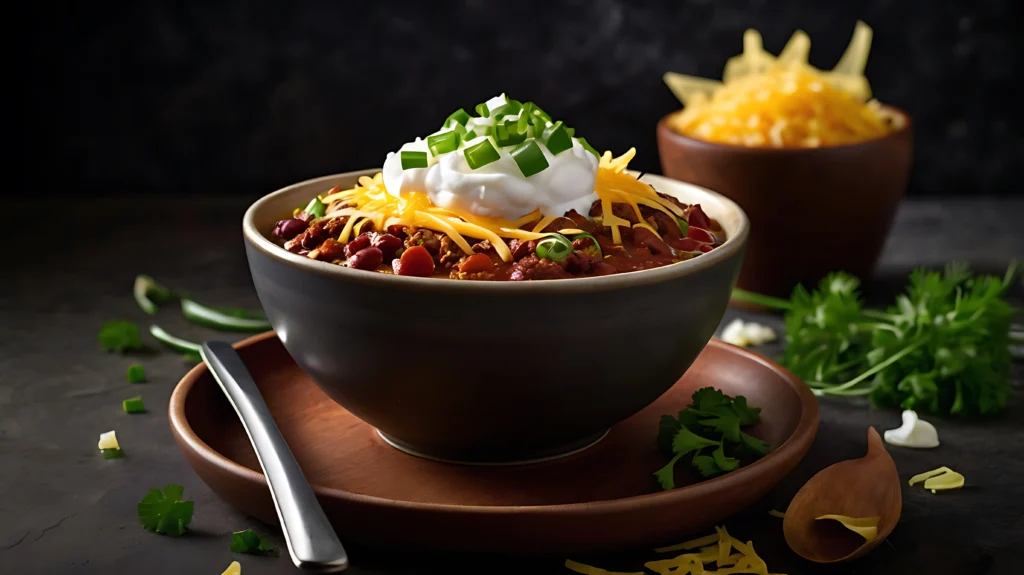 Bowl of authentic elk chili topped with fresh herbs and served with cornbread on the side