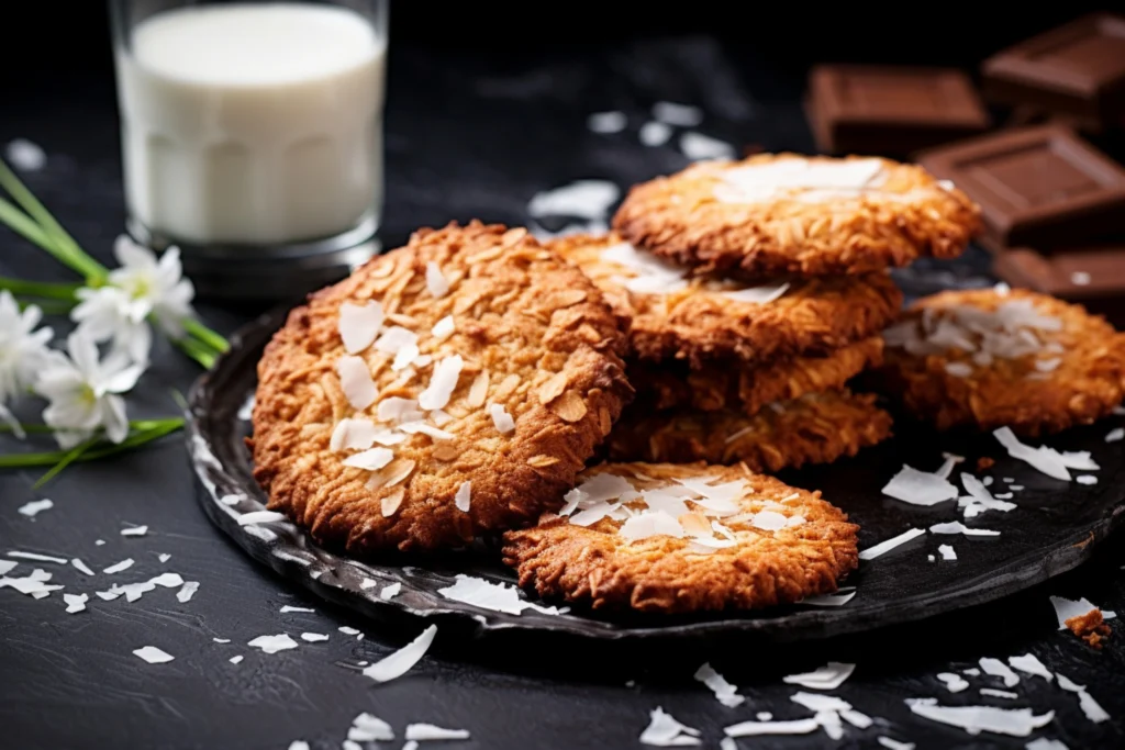 Freshly baked coconut pecan cookies on a plate, showcasing their golden edges and chewy texture.