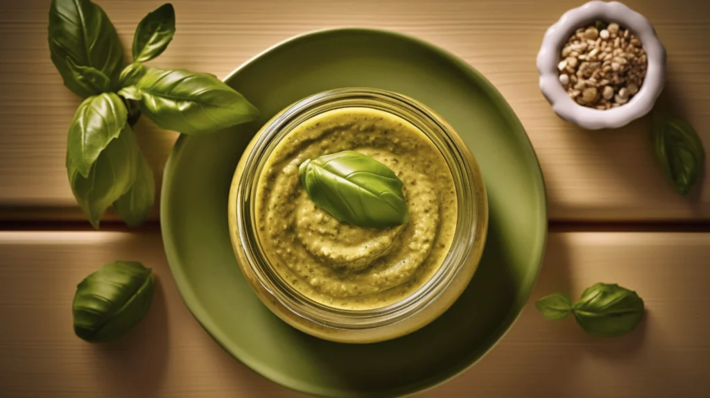 Nut-free basil pesto served in a glass jar with ingredients like basil leaves, garlic, and olive oil on a kitchen counter