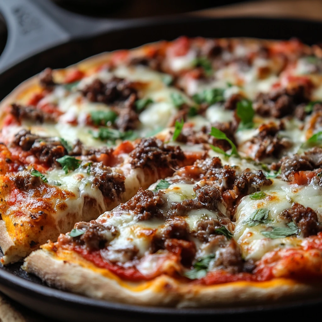 Crustless carnivore pizza topped with bacon, sausage, and melted cheese in a cast iron skillet.